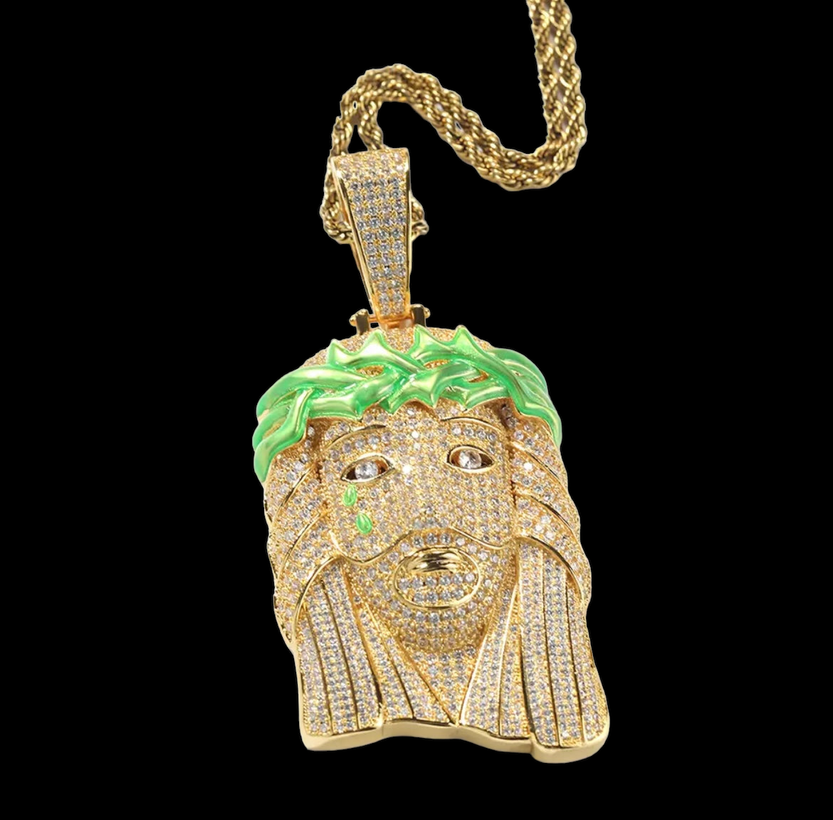 Pendentif Jésus glacé plaqué or avec émail vert