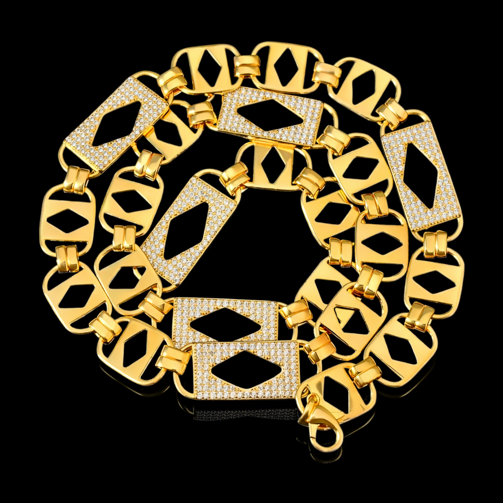 14mm diamanten gouden koningsketting met ruiten