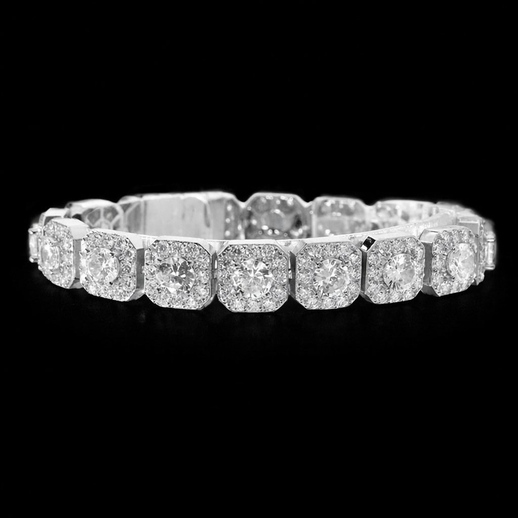 diamond iced out white gold clustered tennis chain bracelet