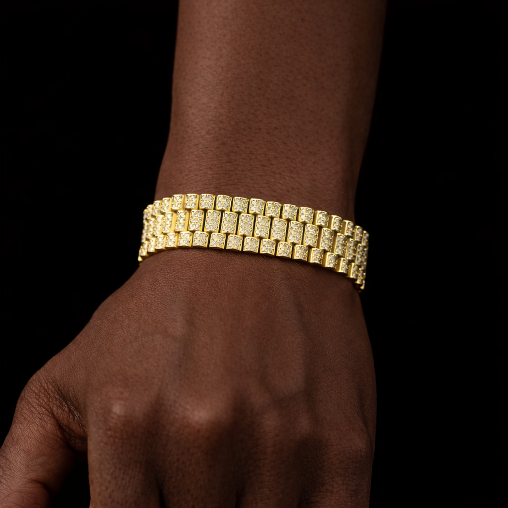 gold fully iced presidential bracelet worn on wrist with high-polish square links