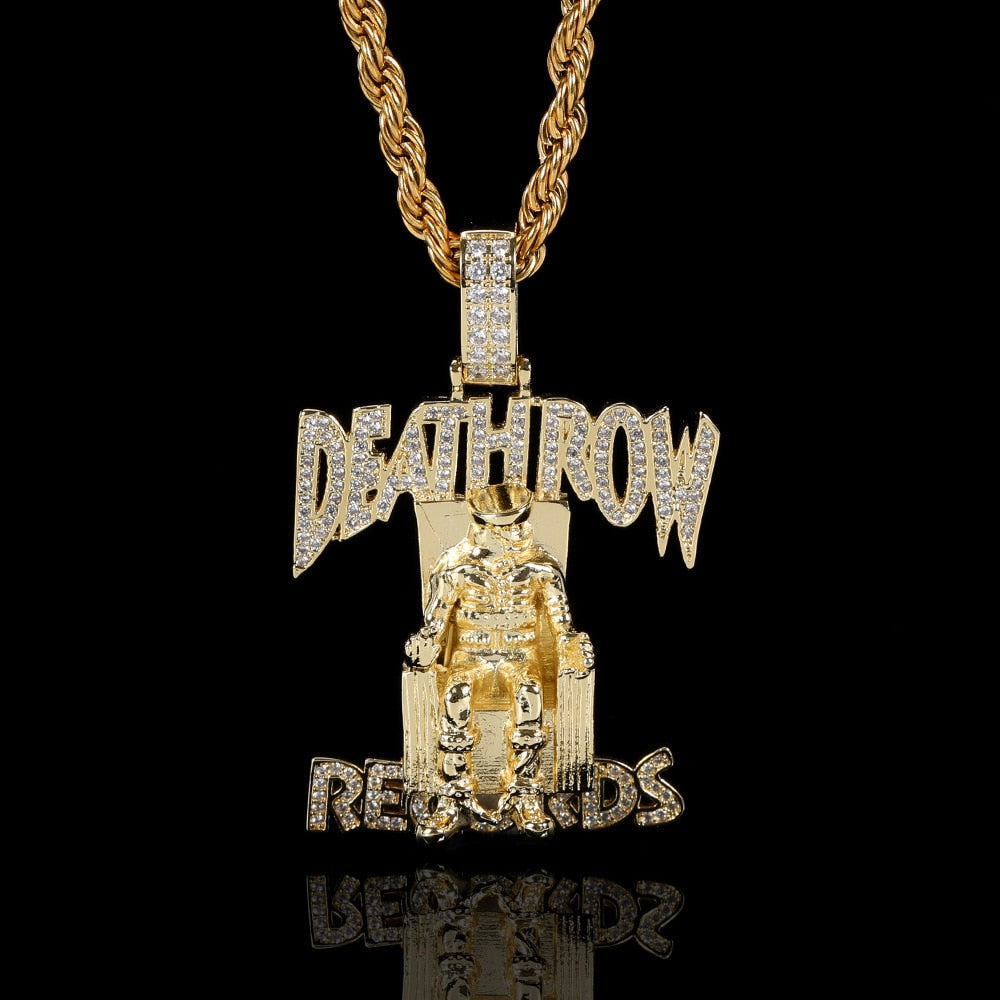 Gold death row records pendant with diamonds and chain 