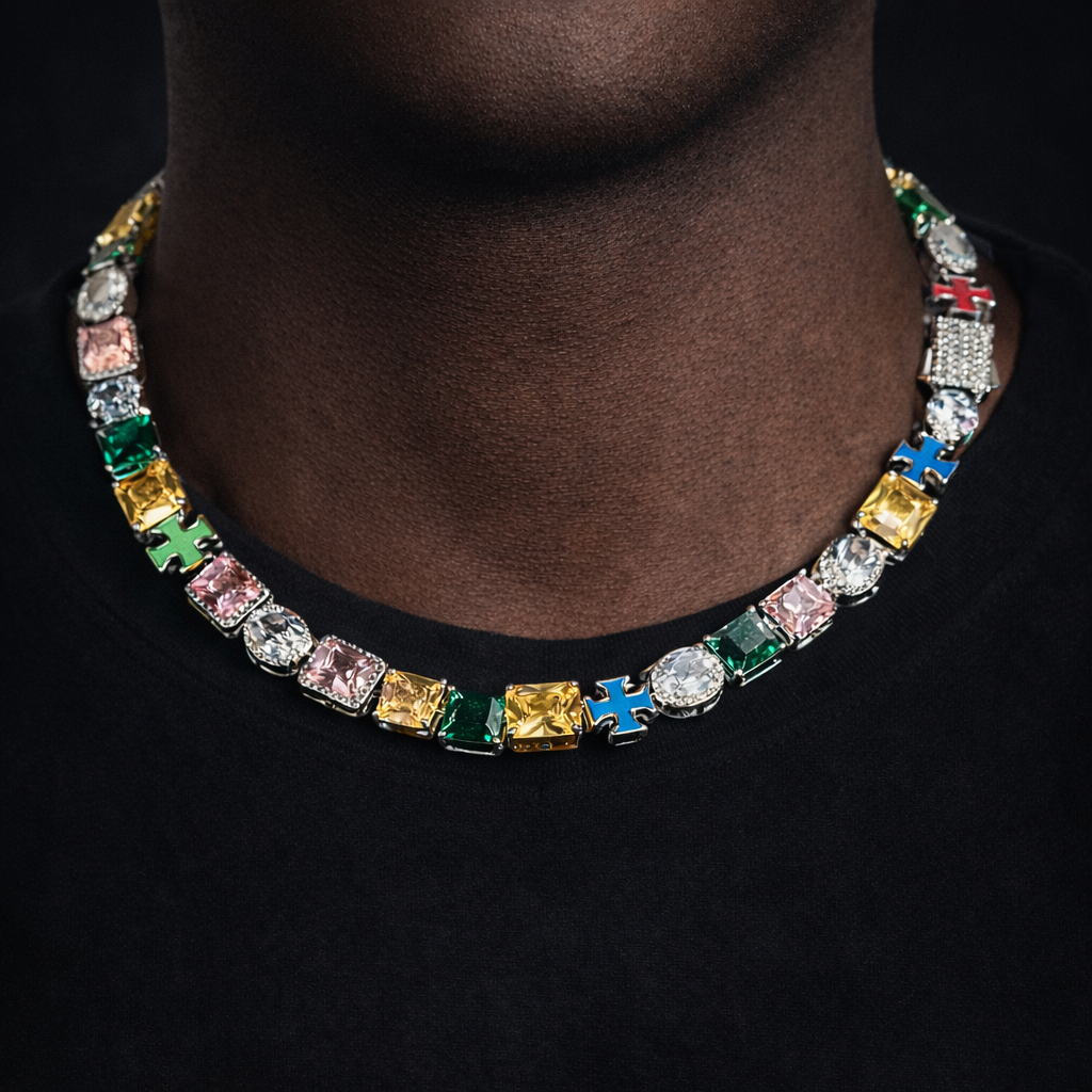 Trinity spectrum iced tennis chain necklace with multicolor diamond stones