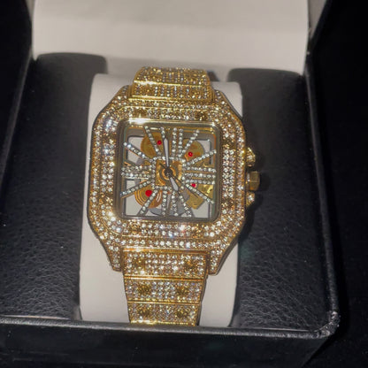 Fully Iced Out Gold Plated King Square Skeleton Watch