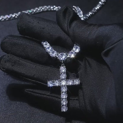 Diamond iced cross tennis necklace, luxury hip hop jewelry
